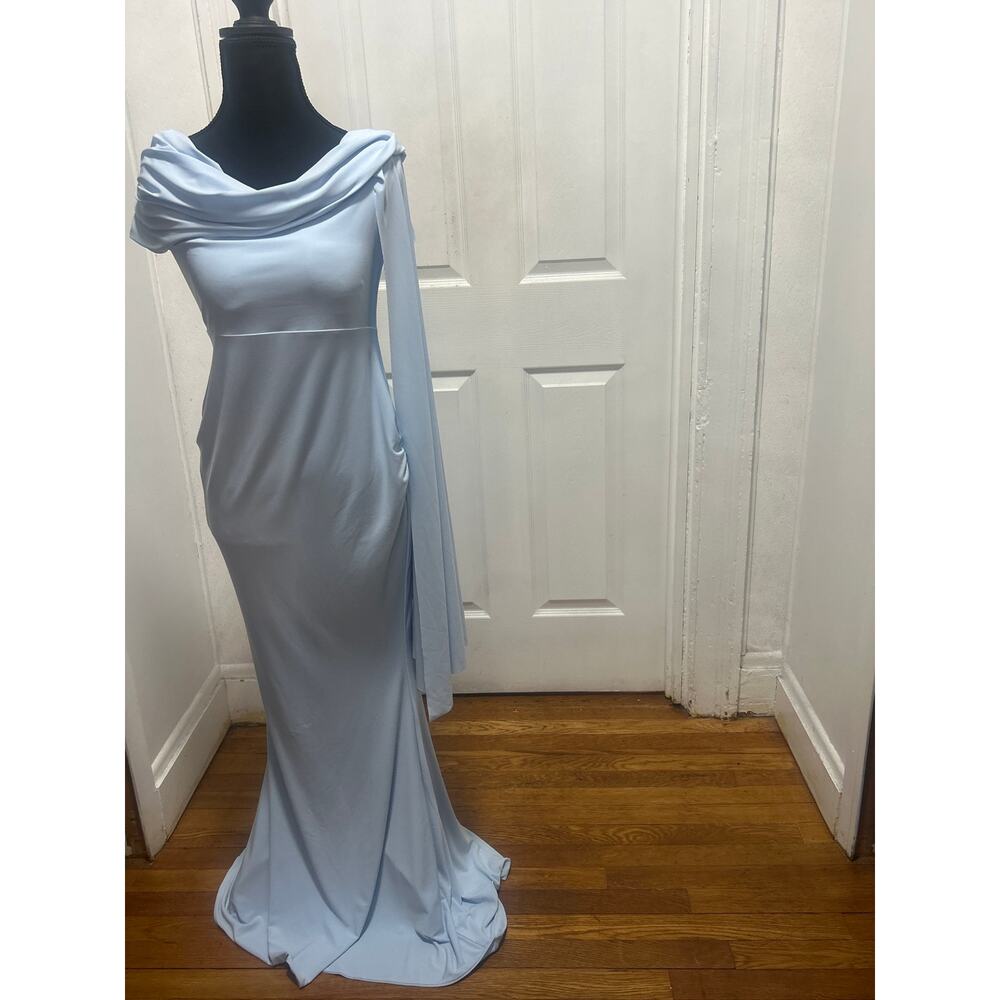 Club London Powdered Blue Bardot Maternity Maxi Drape Dress US 6 NWT